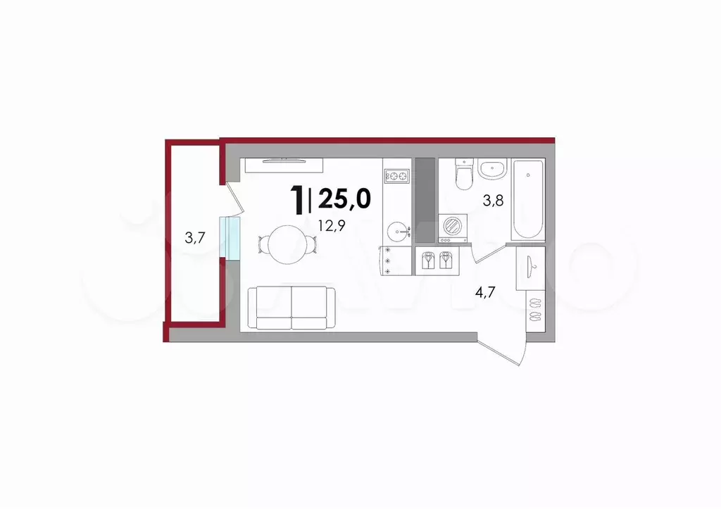 Квартира-студия, 25 м, 13/18 эт. - Фото 1