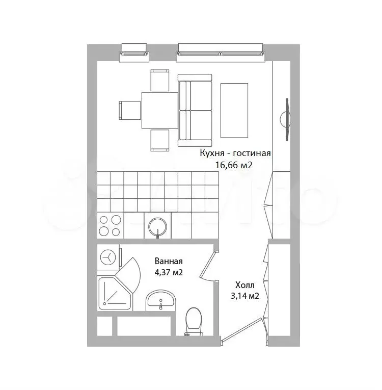 Апартаменты-студия, 24,2 м, 7/16 эт. - Фото 0