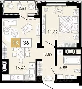 1-к кв. Тюменская область, Тюмень ул. Константина Посьета, 6 (37.4 м) - Фото 0