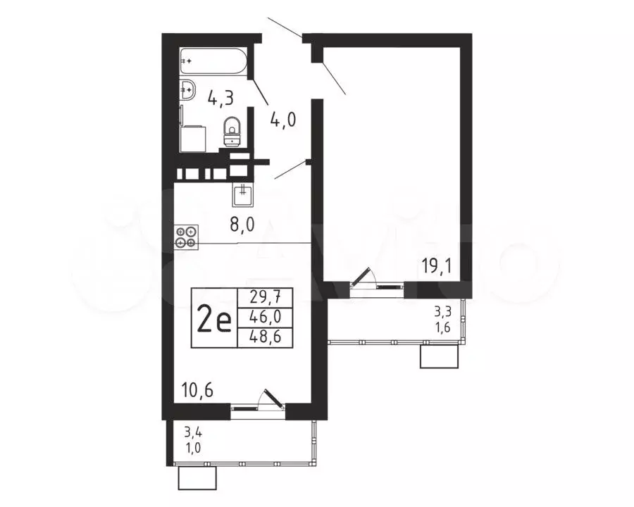 2-к. квартира, 48,6 м, 2/9 эт. - Фото 0