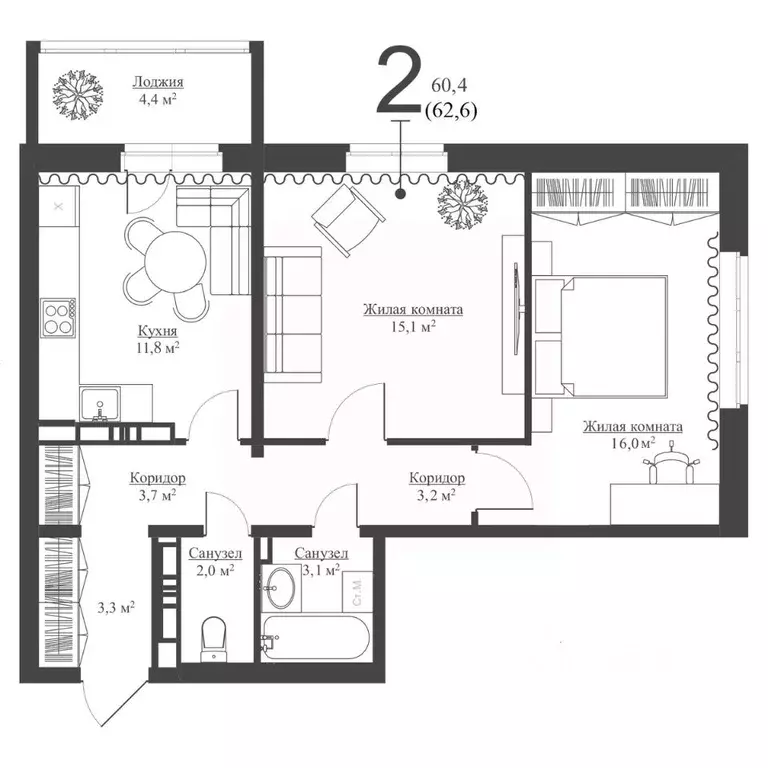 2-к кв. Татарстан, Зеленодольск Мирный мкр,  (60.4 м) - Фото 1
