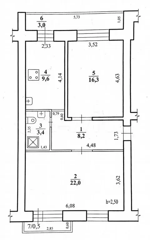 2-к. квартира, 59,5 м, 5/5 эт. - Фото 0