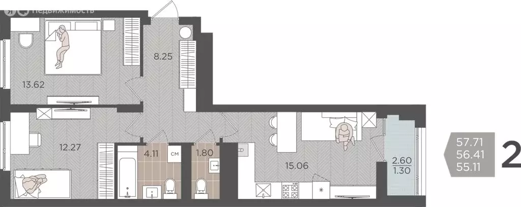 Квартира-студия: Калининград, Батальная улица, 65Б (56.41 м) - Фото 1
