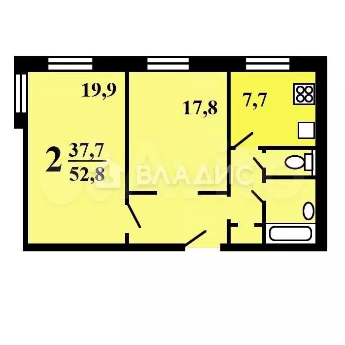 2-к. квартира, 52,8 м, 2/5 эт. - Фото 0