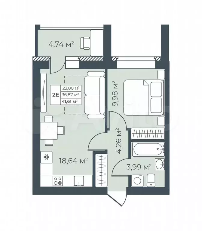 2-к. квартира, 41,6 м, 1/9 эт. - Фото 0