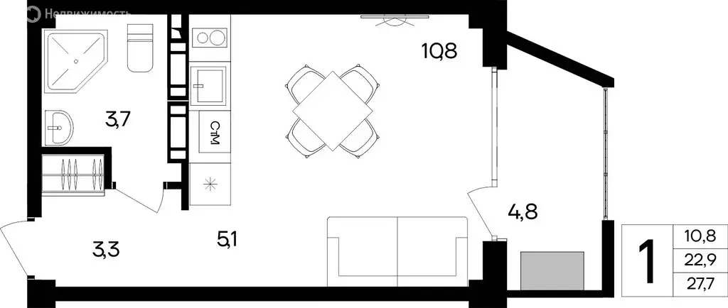 1-комнатная квартира: Новофёдоровка, Прибрежная улица (27.7 м) - Фото 1
