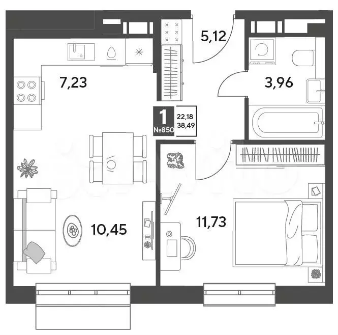 1-к. квартира, 38,5 м, 5/9 эт. - Фото 0