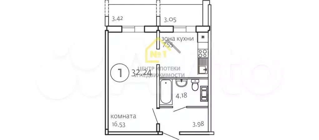 1-к. квартира, 32,2 м, 4/10 эт. - Фото 0