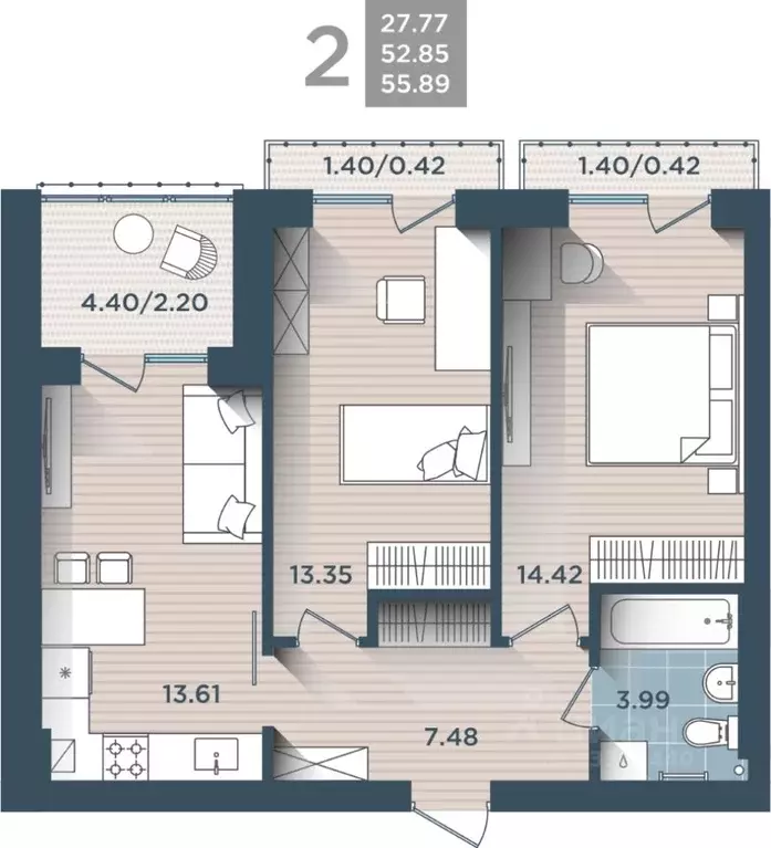 2-к кв. Калининградская область, Калининград ул. Сержанта Мишина, 81к3 ... - Фото 0