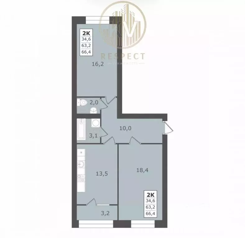 2-к кв. Ставропольский край, Ессентуки ул. Имени Рыбникова, 6 (66.4 м) - Фото 1