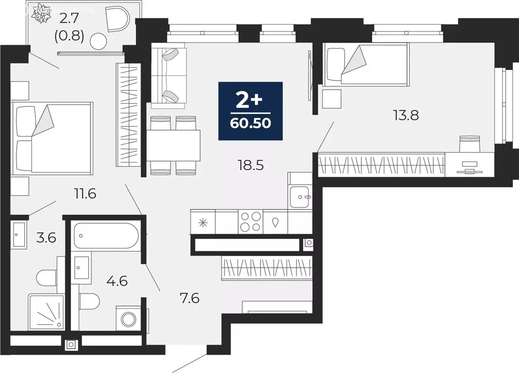 2-комнатная квартира: Тюмень, проезд Капитана Куликова, 5 (62.4 м) - Фото 1
