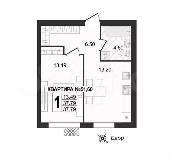 1-к. квартира, 37,8 м, 4/4 эт. - Фото 1