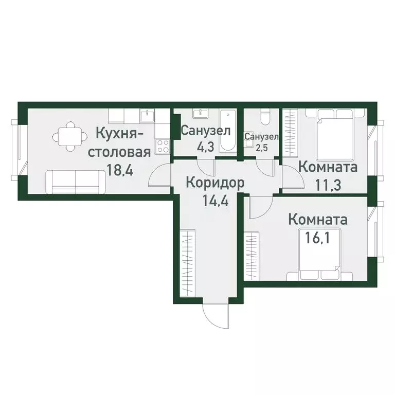 2-комнатная квартира: Западный, посёлок Западный-2 (65.8 м) - Фото 0