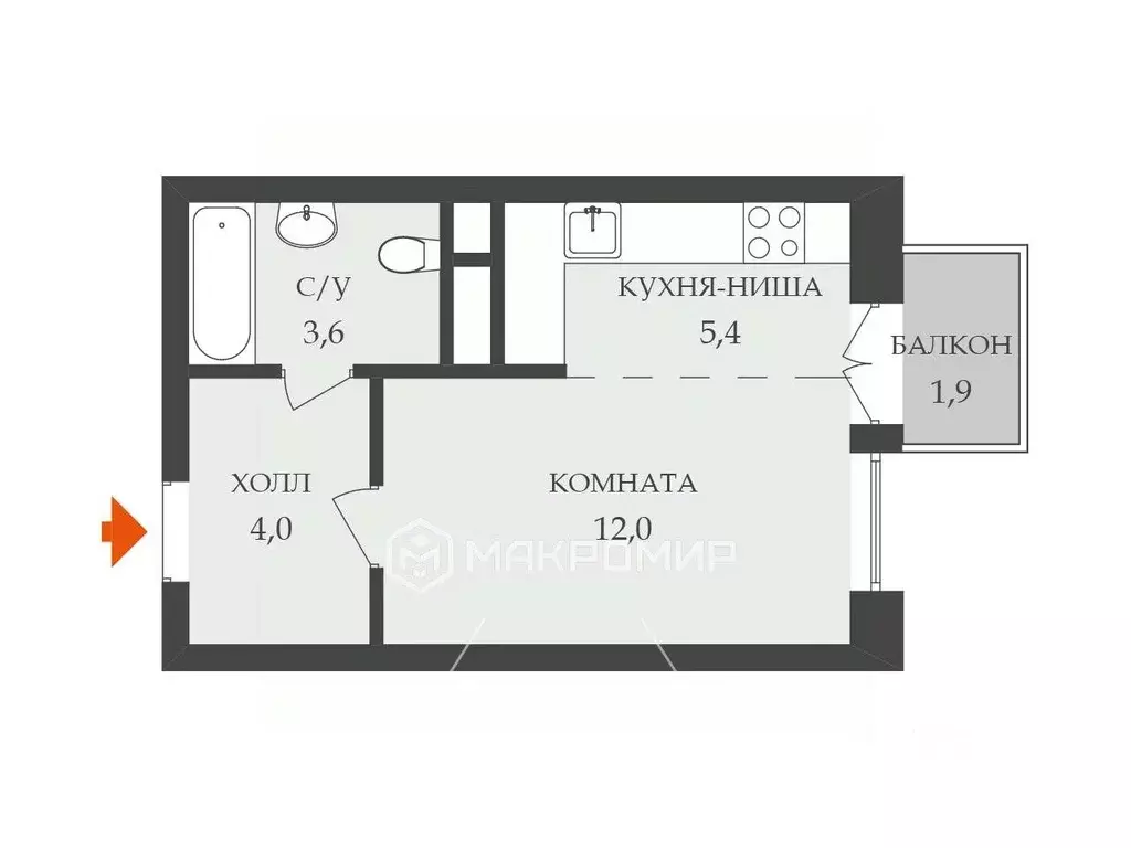 Студия Санкт-Петербург ул. Оптиков, 34К1 (25.5 м) - Фото 1