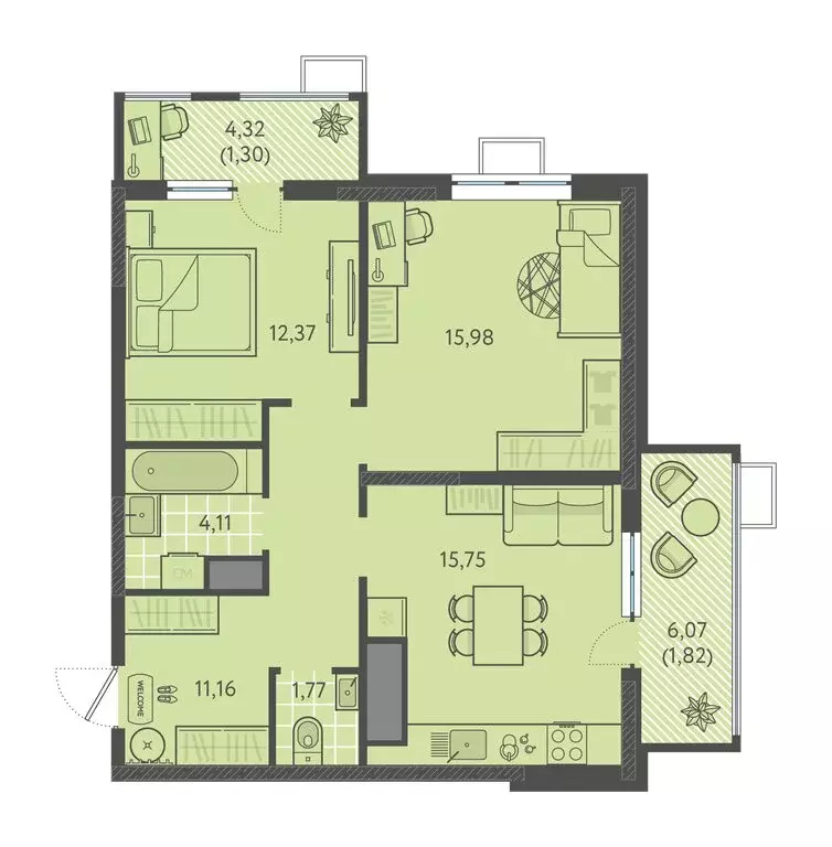 2-комнатная квартира: Краснодар, ЖК Тёплые Края (64.26 м) - Фото 1