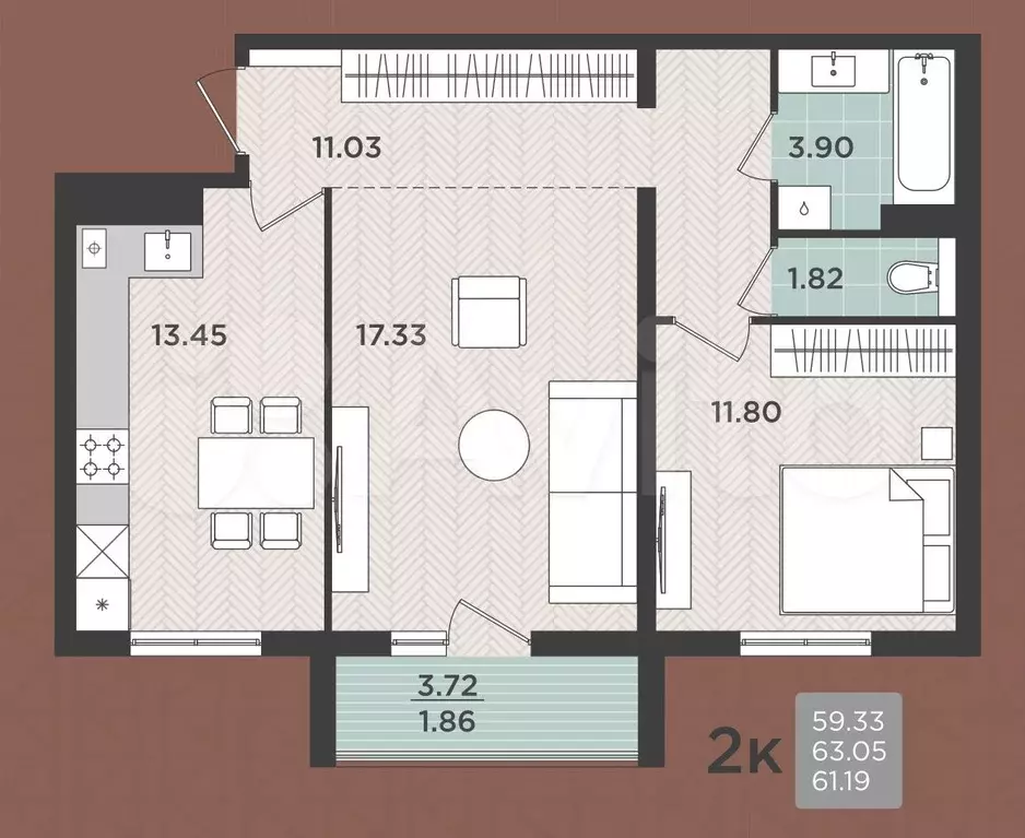 2-к. квартира, 63 м, 2/5 эт. - Фото 1
