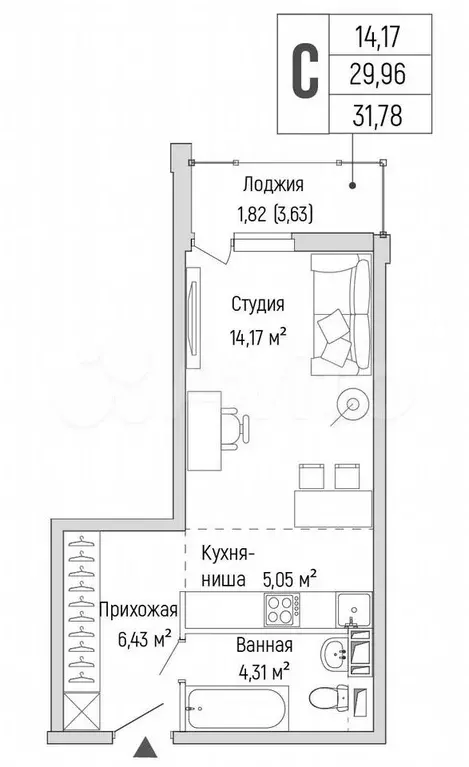 Квартира-студия, 31,8 м, 6/9 эт. - Фото 0