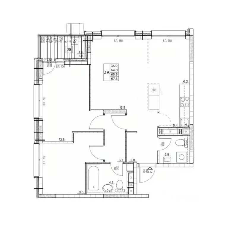 3-к кв. Приморский край, Владивосток ул. Расула Гамзатова, 7к1 (67.8 ... - Фото 2
