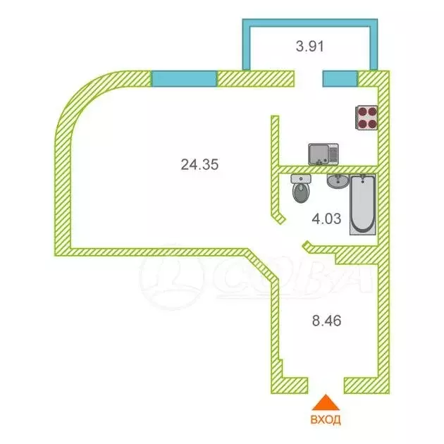 Квартира-студия: Тюмень, улица Мельникайте, 150 (38 м) - Фото 2