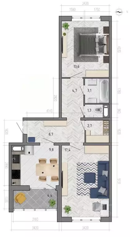2-к кв. Воронежская область, Воронеж ул. Федора Тютчева, 105 (61.5 м) - Фото 0