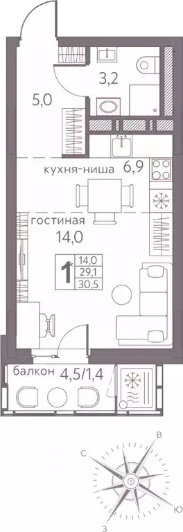 Студия Пермский край, Пермь ул. Серебристая, 3А (30.5 м) - Фото 0