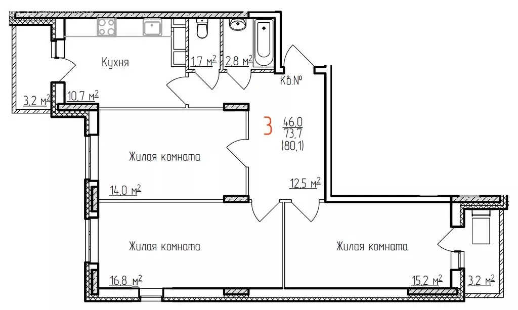 3-комнатная квартира: Владимир, Добросельская улица, 180 (80.1 м) - Фото 0