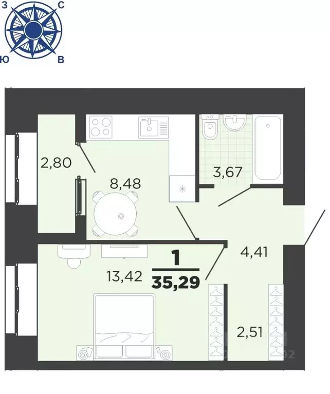 1-к кв. Рязанская область, Рязань ул. Семчинская, 8 (35.29 м) - Фото 0