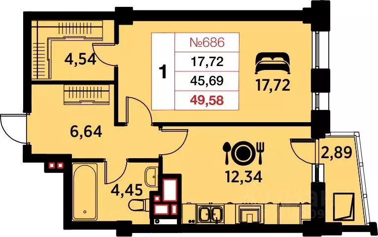 1-к кв. Калининградская область, Калининград ул. Гайдара, 94 (49.58 м) - Фото 0