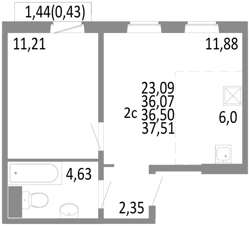 2-к кв. Челябинская область, Челябинск ул. Блюхера, 125В (36.5 м) - Фото 0