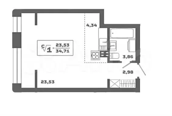 Квартира-студия, 34,7 м, 4/19 эт. - Фото 0