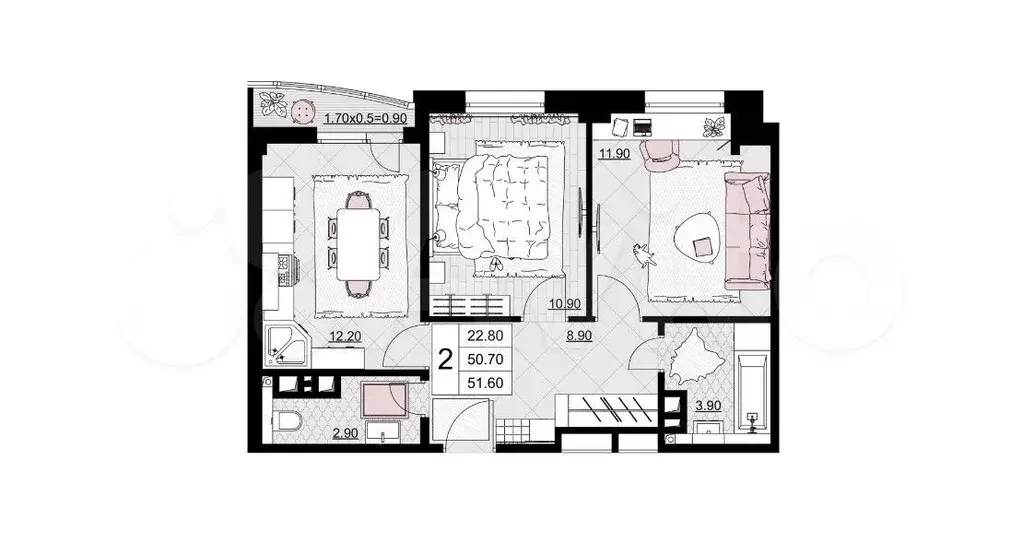 2-к. квартира, 51,6 м, 6/9 эт. - Фото 1