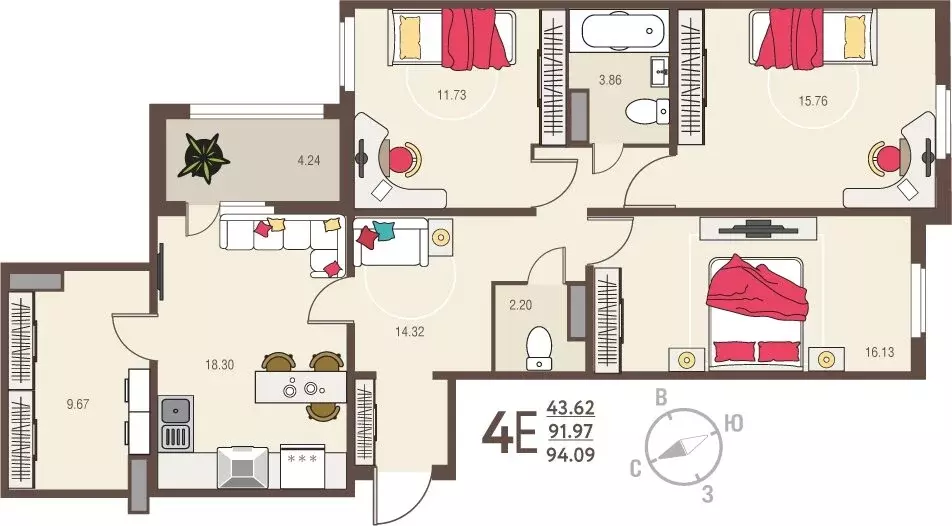 3-комнатная квартира: Курск, улица Энгельса, 115/5 (94.09 м) - Фото 1