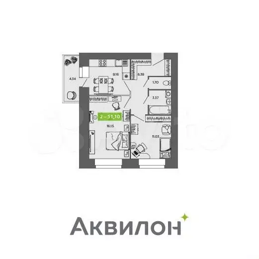 2-к. квартира, 51,1м, 8/9эт. - Фото 0