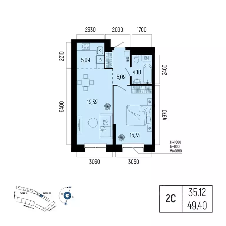 2-к кв. Башкортостан, Уфа Глумилино-1 мкр, Новатор жилой комплекс ... - Фото 1