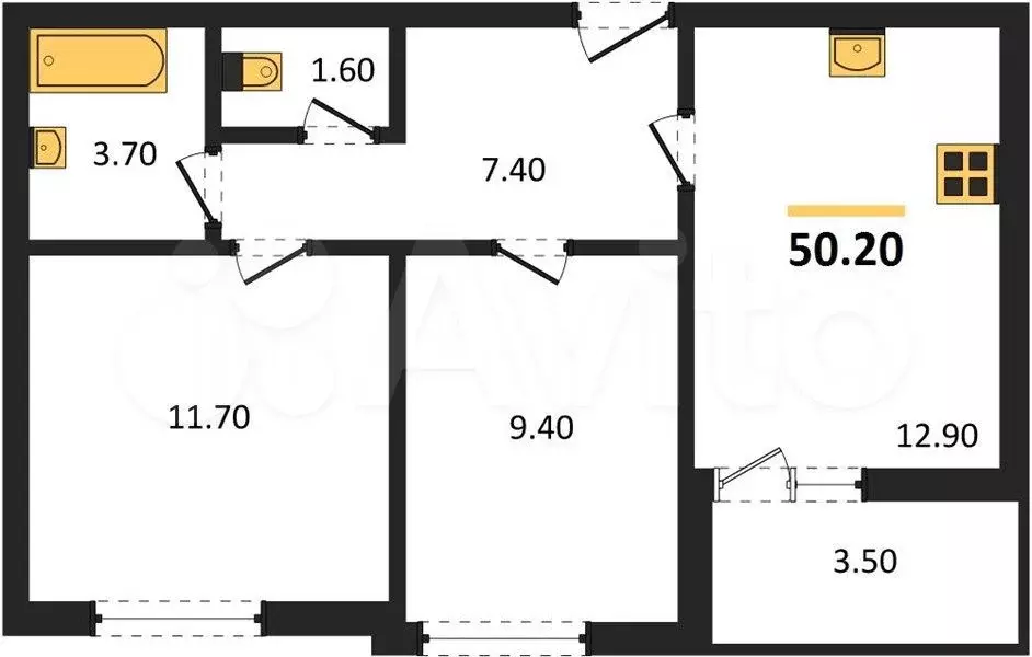 2-к. квартира, 50,2 м, 2/9 эт. - Фото 1