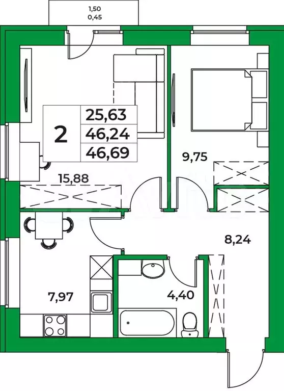 2-к. квартира, 46,7 м, 3/9 эт. - Фото 0