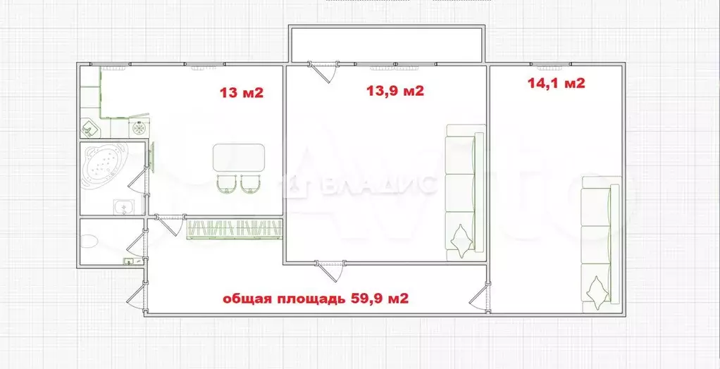 2-к. квартира, 59,9 м, 5/5 эт. - Фото 0