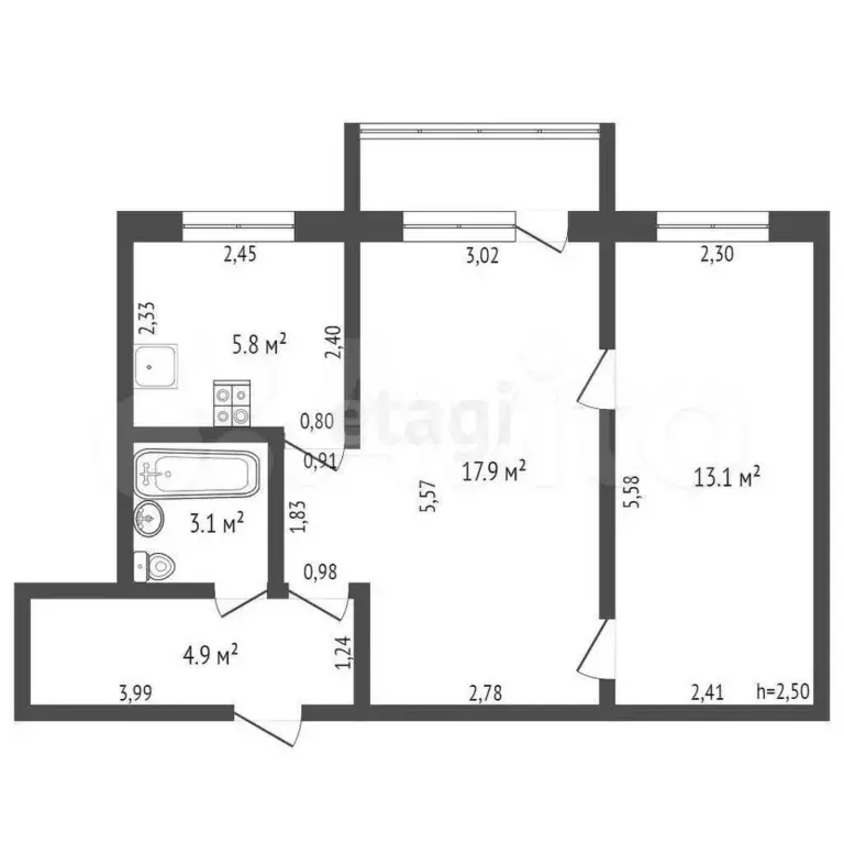 2-к. квартира, 44,7 м, 3/5 эт. - Фото 1