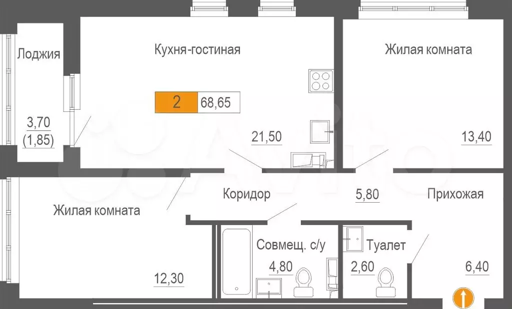 2-к. квартира, 68,7 м, 8/25 эт. - Фото 0