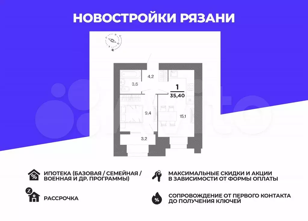1-к. квартира, 33,8 м, 8/15 эт. - Фото 0
