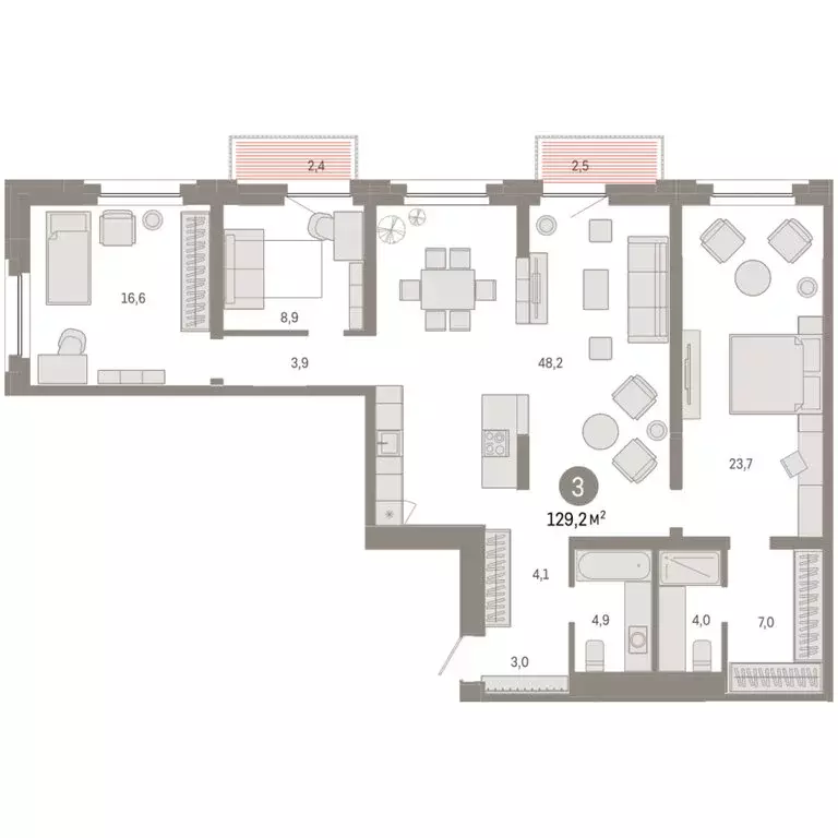 3-комнатная квартира: Тюмень, Мысовская улица, 26к2 (129.23 м) - Фото 1