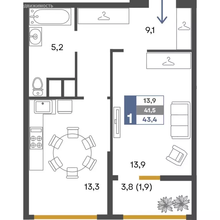 1-комнатная квартира: Перевальное, ЖК Предгорье (43.4 м) - Фото 1