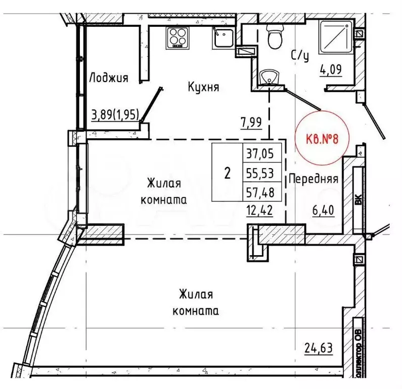 2-к. квартира, 57м, 3/24эт. - Фото 1