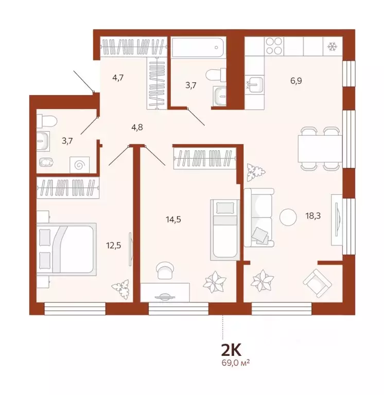 2-к кв. Тюменская область, Тюмень ул. Новаторов, 30 (69.02 м) - Фото 0