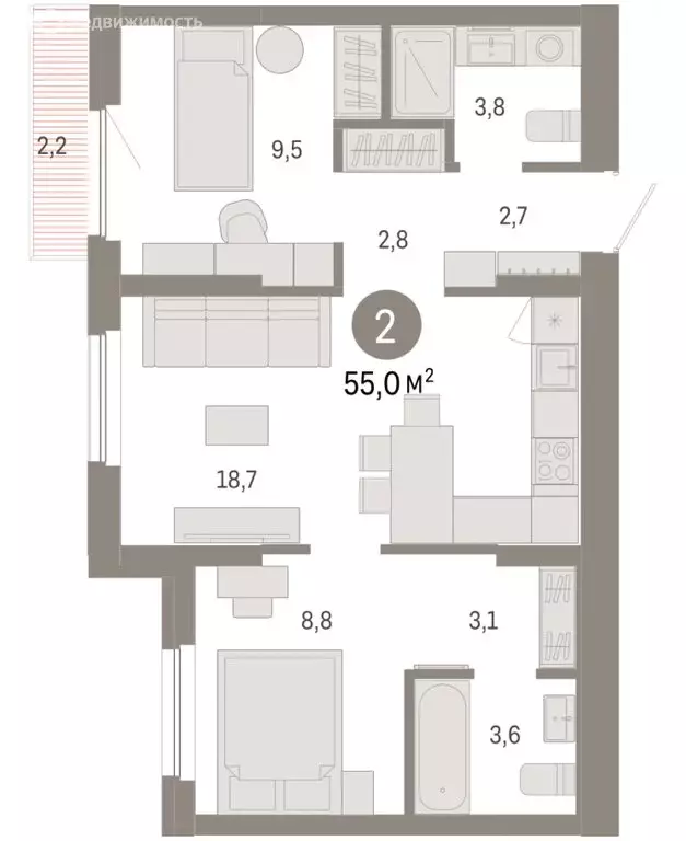 2-комнатная квартира: Новосибирский район, рабочий посёлок Краснообск, ... - Фото 1