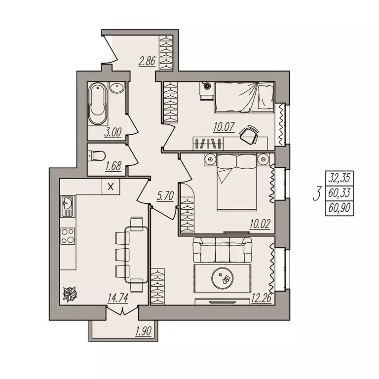 3-комнатная квартира: Волгоград, улица Землячки, 84/1 (60.9 м) - Фото 0