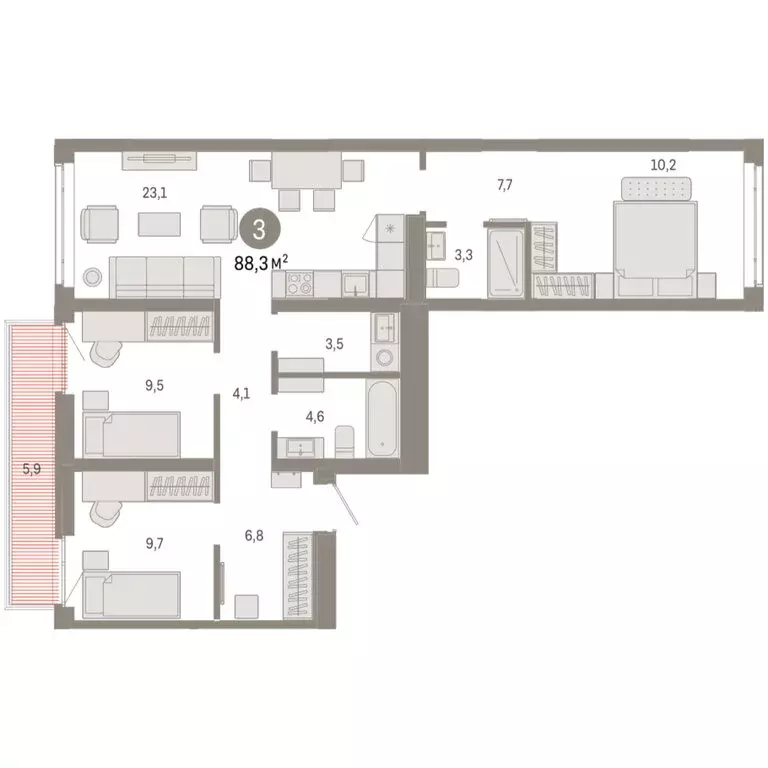 3-комнатная квартира: Тюмень, улица Республики, 205к3 (88.32 м) - Фото 1