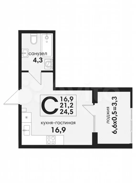 Квартира-студия, 24,5 м, 1/4 эт. - Фото 1