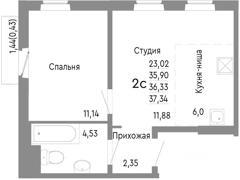 2-к кв. Челябинская область, Челябинск Нефтебазовая ул., 1к2 (36.33 м) - Фото 0