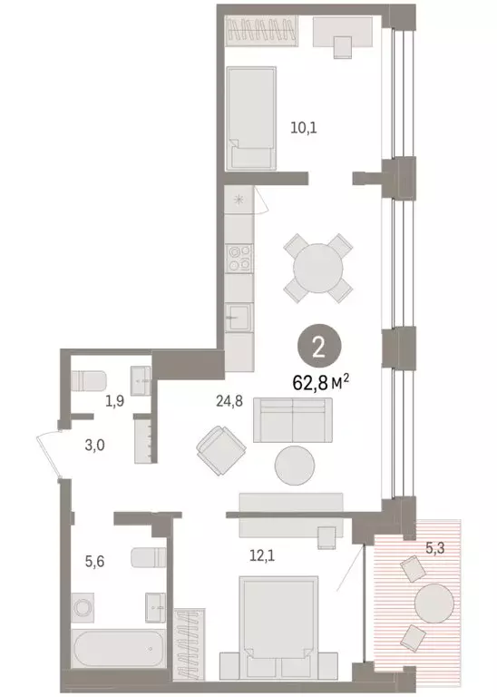2-комнатная квартира: Тюмень, улица Муравленко, 9/2 (62.8 м) - Фото 1